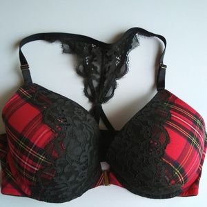 CACIQUE Red Plaid & Lace Boost Plunge Bra (Size 38DD)